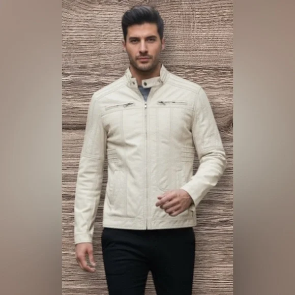 BKE Men’s Cream White Faux Leather Moto Jacket Size XL - Picture 2 of 11